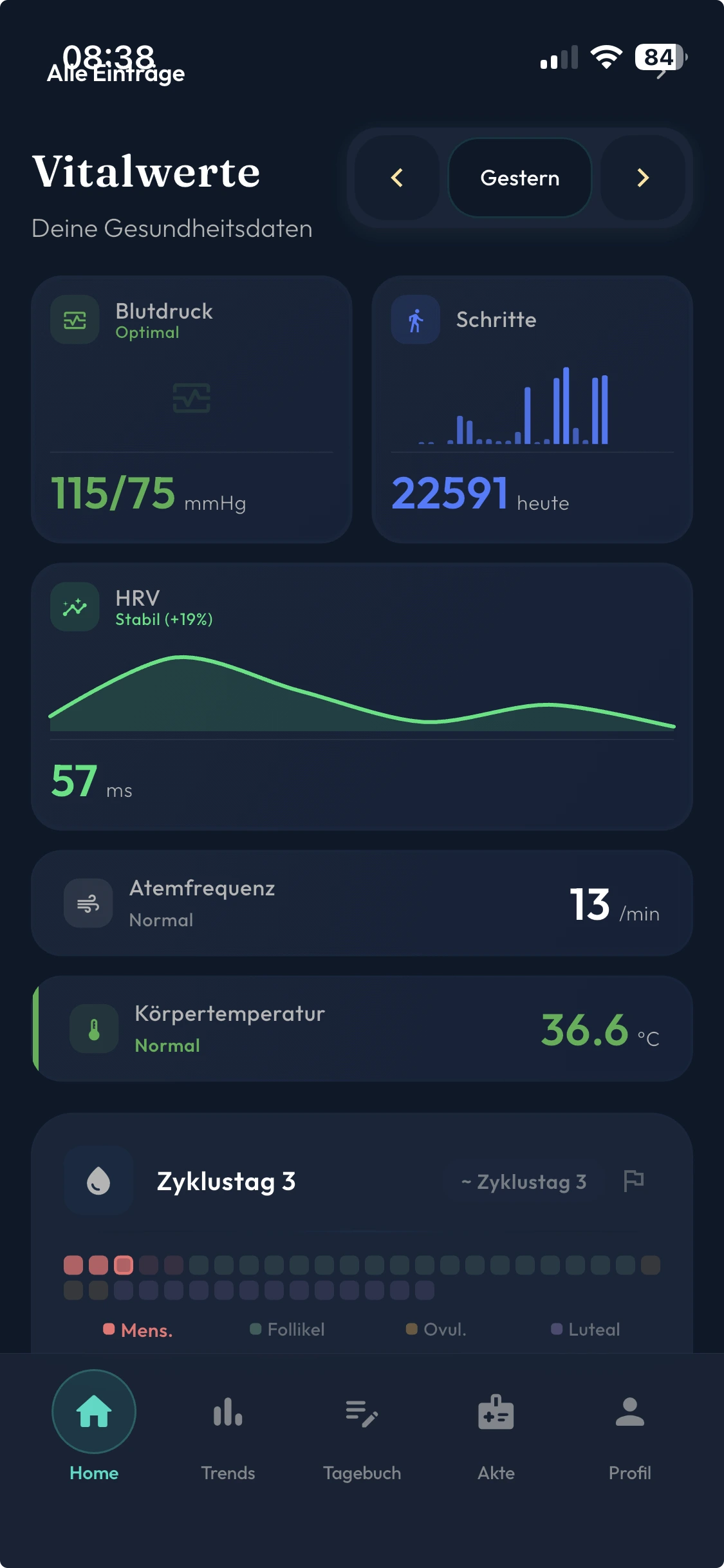Elara Health App — Vitalwerte Übersicht